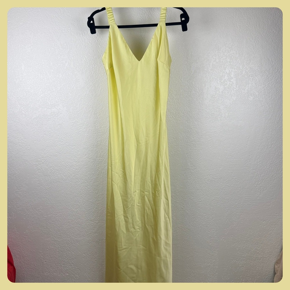 A New Day Women Yellow Satin V-Neck Maxi Slip Dress Ruched Straps Size L